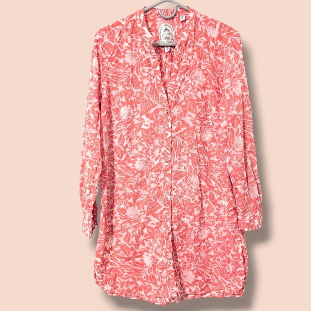 Ganesh Pink Floral Cotton Lightweight Relaxed Long Sleeve Button-Up Shirt Dress